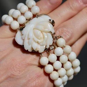 14K Solid Yellow gold Angel Skin Coral Bead Bead Carved 3-D Rose ~53GRAM 4-Strand Bracelet