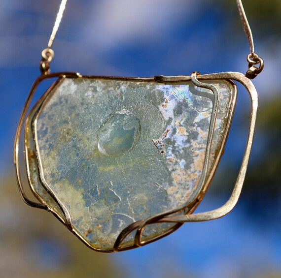 14K 585 Solid Yellow Gold Ancient ROMAN GLASS Cus… - image 3