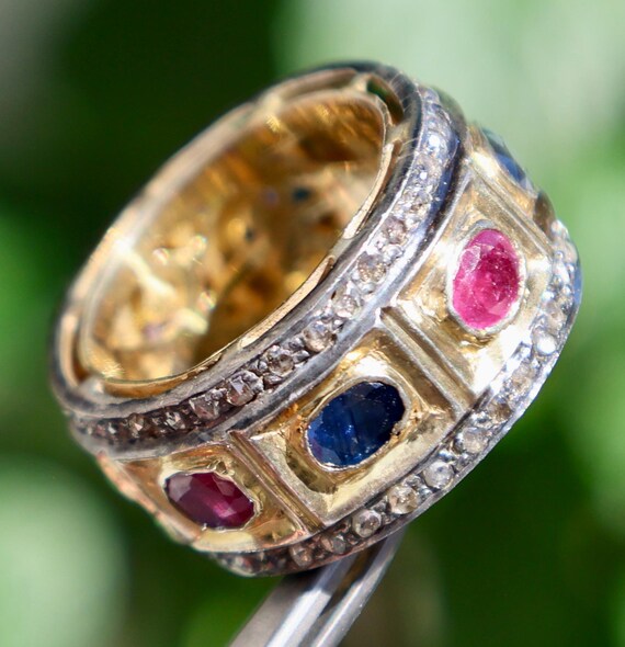 Solid Yellow Gold & Silver Natural Ruby Sapphire … - image 2