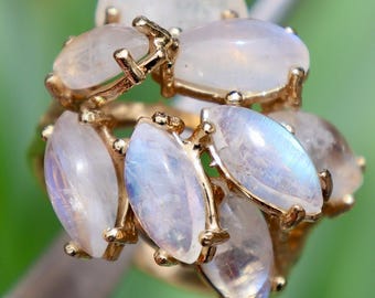 14K solid yellow gold Marquise Rainbow Blue Glow MOONSTONE 8.3GRAMS Angel Wing Ring