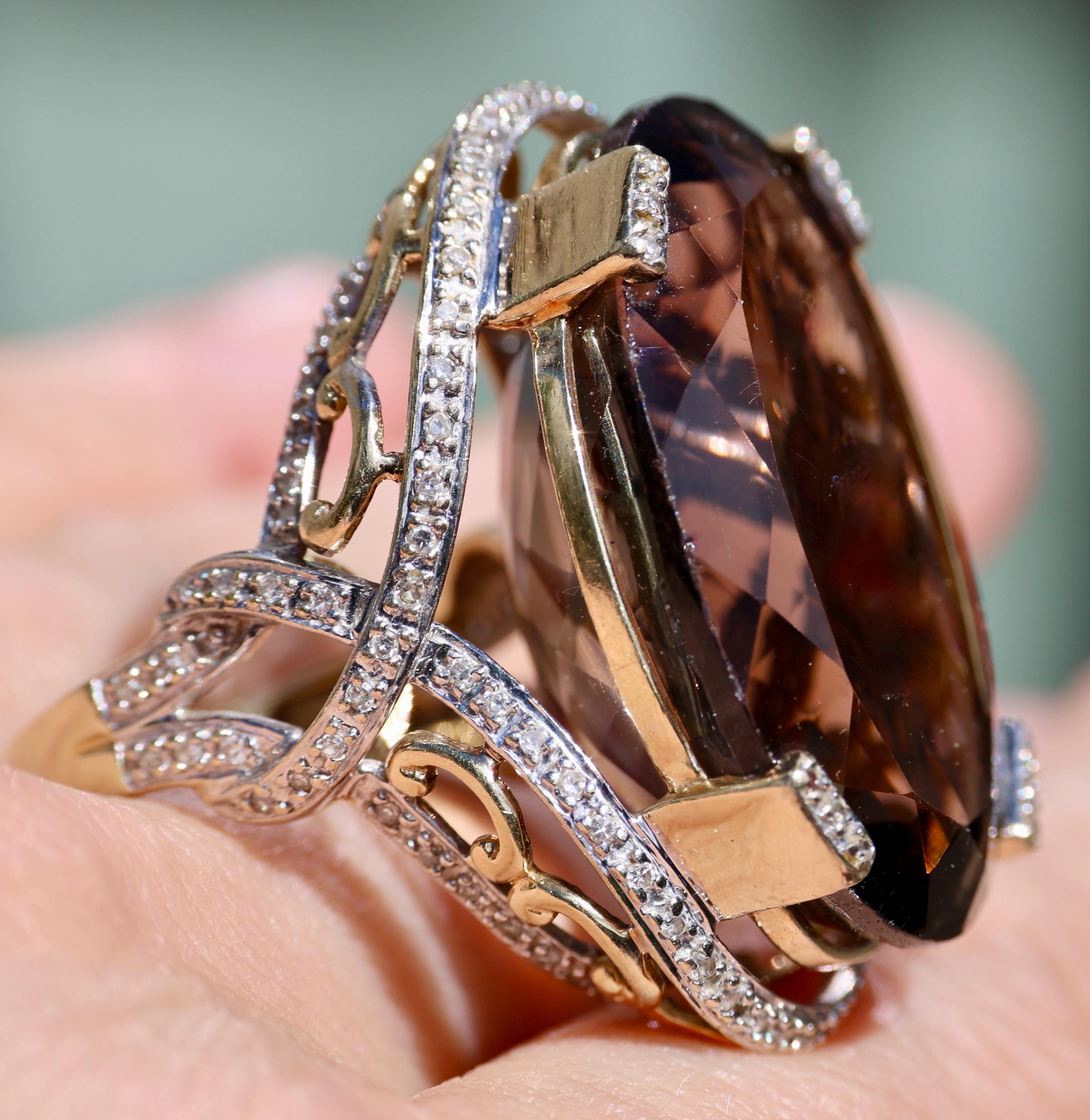 14K 585 Solid Yellow Gold 18.8 Grams SMOKY Quartz Diamond 1.3"Setting HUGE RING