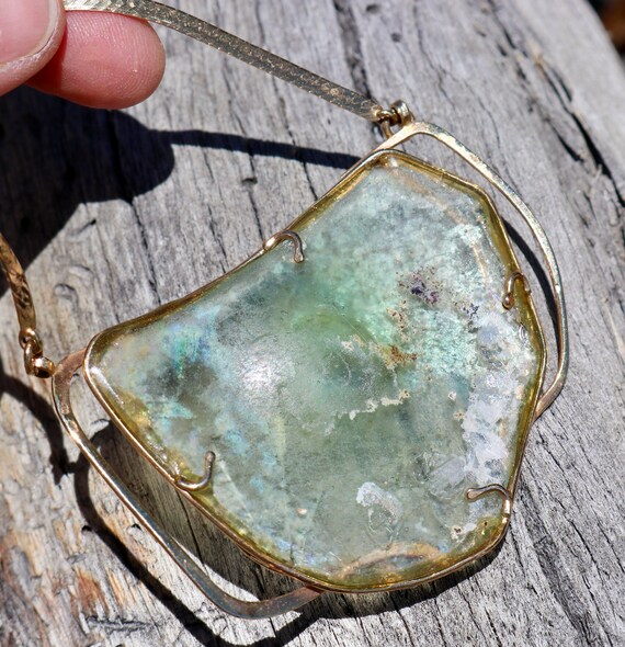 14K 585 Solid Yellow Gold Ancient ROMAN GLASS Cus… - image 10