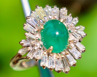 14K Solid Yellow Gold Emerald Diamond Ballerina Halo 7.87Grams OPEN-CLOSE (arthritic knuckle) Shank Quality RING