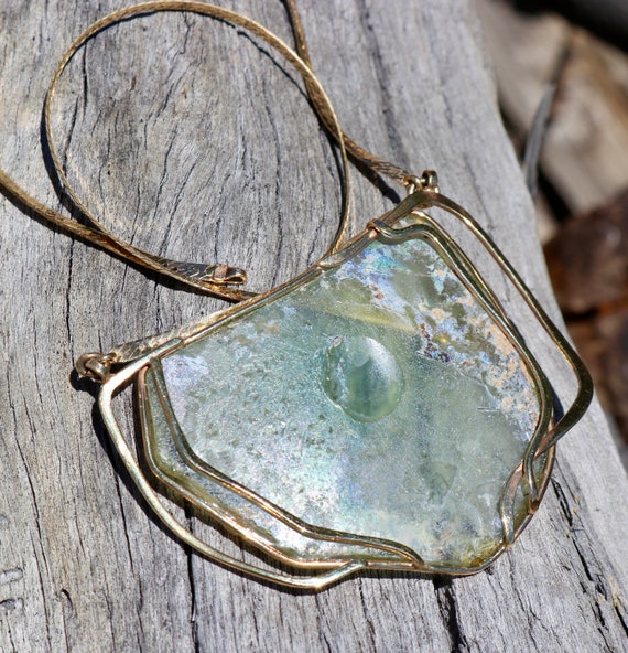 14K 585 Solid Yellow Gold Ancient ROMAN GLASS Cus… - image 8