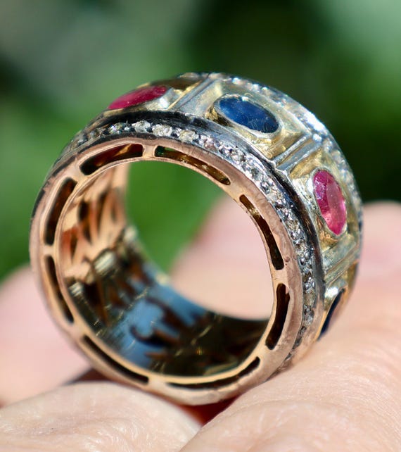 Solid Yellow Gold & Silver Natural Ruby Sapphire … - image 9