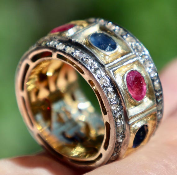 Solid Yellow Gold & Silver Natural Ruby Sapphire … - image 1