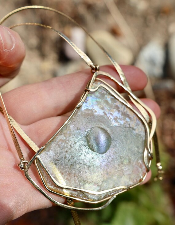 14K 585 Solid Yellow Gold Ancient ROMAN GLASS Cus… - image 15