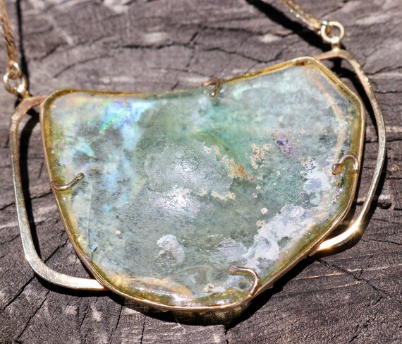 14K 585 Solid Yellow Gold Ancient ROMAN GLASS Cus… - image 11