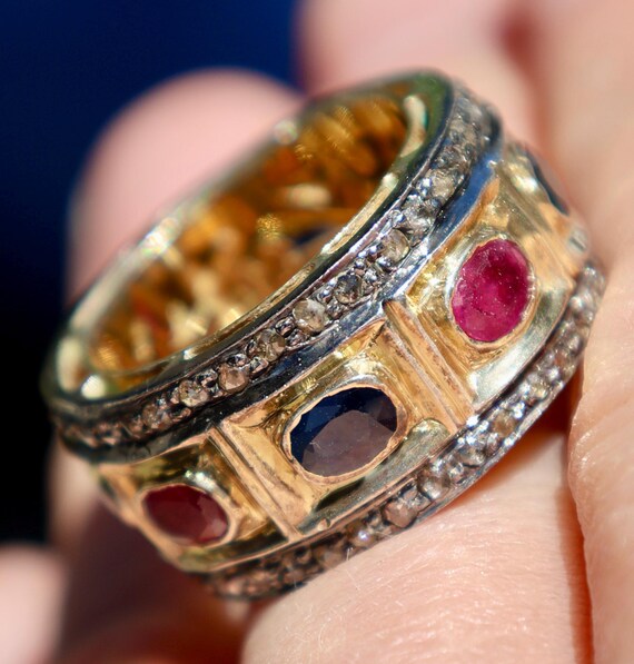 Solid Yellow Gold & Silver Natural Ruby Sapphire … - image 4