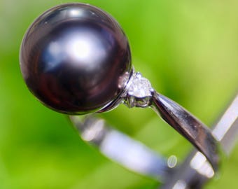 Solid Platinum Pt900 11.8mm Tahitian Pearl 0.10cttw GENUINE DIAMOND 5.9grams RING