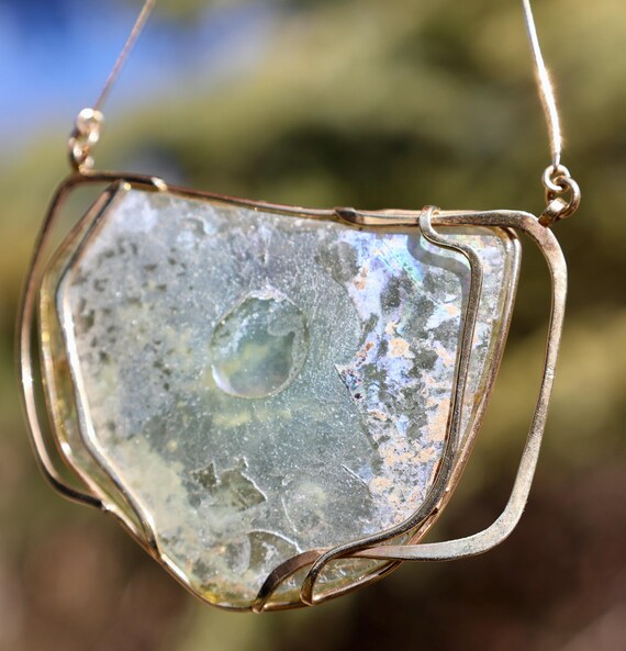 14K 585 Solid Yellow Gold Ancient ROMAN GLASS Cus… - image 1