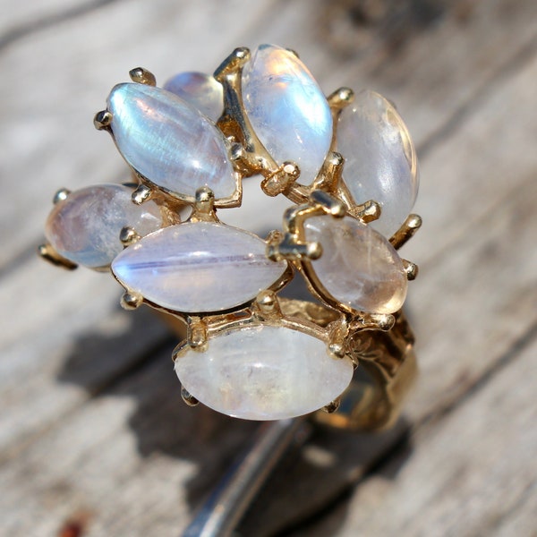 14K solid yellow gold Marquise Rainbow Blue Glow MOONSTONE 8.3GRAMS Angel Wing Ring