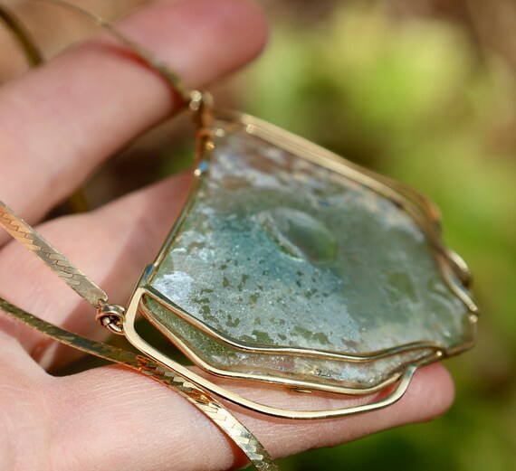 14K 585 Solid Yellow Gold Ancient ROMAN GLASS Cus… - image 16