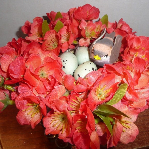 Faux Silk Flowers Vintage Boopie Glass Mushroom Bird Eggs Centerpiece Purple Or Salmon Color Your Choice