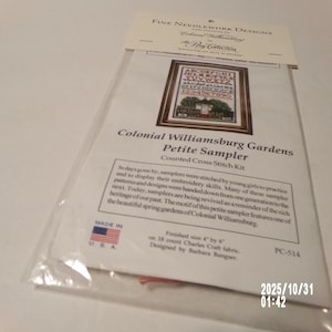 May include: A Colonial Williamsburg Gardens Petite Sampler counted cross stitch kit. The kit includes a design of a framed sampler with letters, numbers, and a building. The finished size is 4 inches by 4 inches.