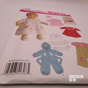 Simplicity 1708 Wardrobe For Baby Dolls 15" Dolls Sewing Pattern Uncut