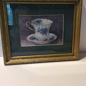 2 Framed Tea Cup And Saucer Prints Wall Decor Barbara Mock, Carolyn Shores Wright