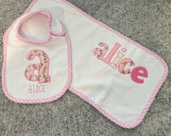 Monogram Burp and Bib Cloth Set, Personalized Burp Cloth, Monogram Bib, Ruffle Burp Cloth, Ruffle Bib, Monogram Burp Cloth and Bib Set
