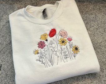 Wildflowers Embroidered Sweatshirt, Flower Crewneck Sweatshirt, Adult Personalized Sweatshirt, Floral Embroidered Shirt, Flower Lover Gift