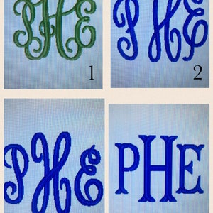May include: Four different embroidered monogram designs. The first two are in green and blue, the last two are in blue. The first and third designs are cursive, the second and fourth are block letters. The designs are numbered 1 through 4.