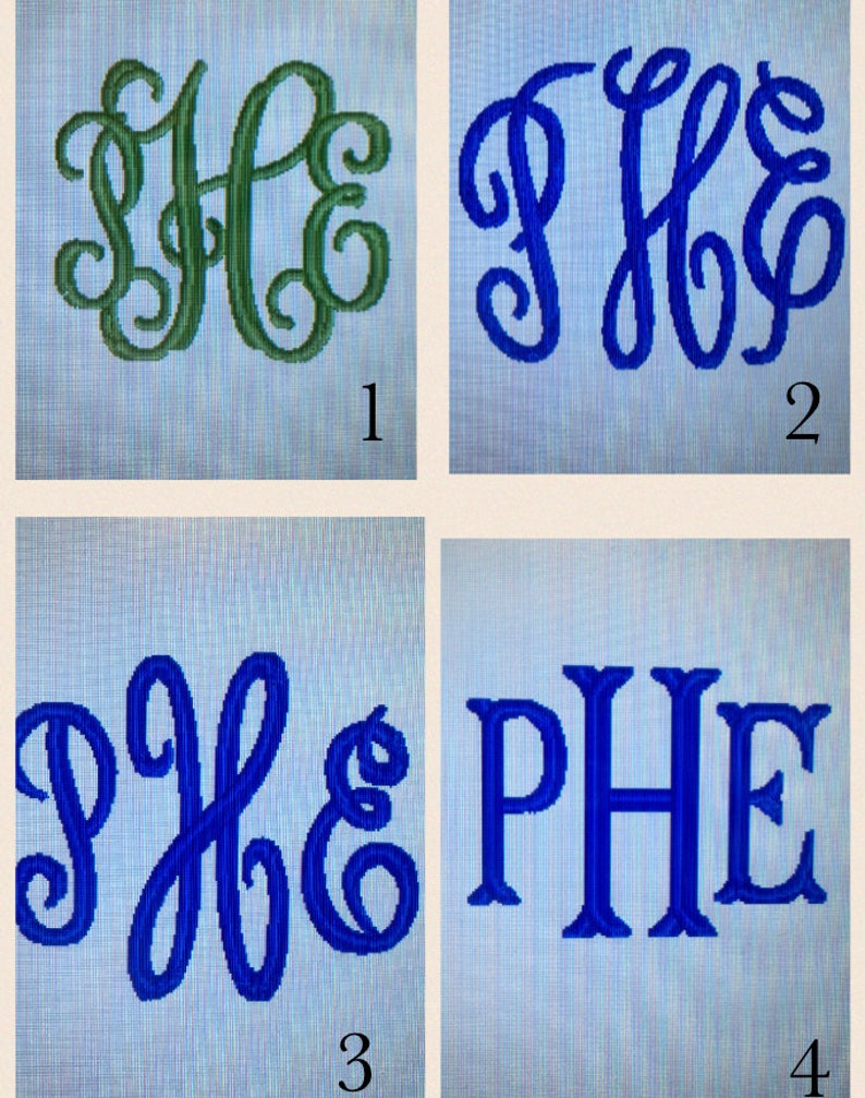 May include: Four different embroidered monogram designs. The first two are in green and blue, the last two are in blue. The first and third designs are cursive, the second and fourth are block letters. The designs are numbered 1 through 4.