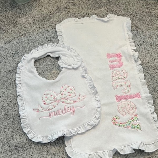 Personalized Ruffle Baby Bib and Burp Cloth Set, Monogrammed