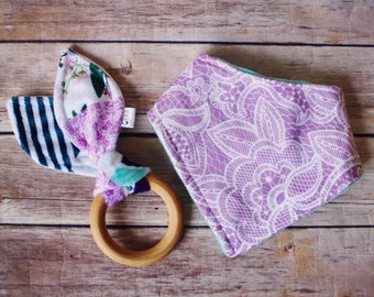 Bandana Bib & Teething Ring Baby Gift – Purple Lace and Floral
