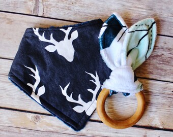 Bandana Bib & Teething Ring Baby Gift – Woodland Deer