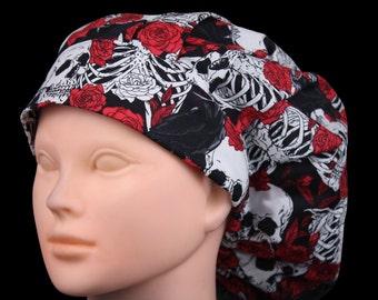Halloween Skeleton & Roses Bouffant Scrub Hat: Gothic Medical Cap