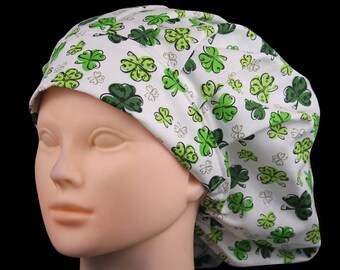 Four Leaf Clover Bouffant Scrub Hat: St. Patrick's Day Cotton Cap