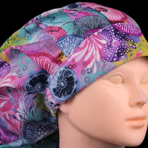 Ocean Bouffant Scrub Hat: Seashells, Adjustable Toggle, Cotton