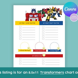 May include: A printable chart featuring Transformers characters, with sections for "My Rise + Shine Routine", "My Night + Night Routine", and "My Bonus Coin".