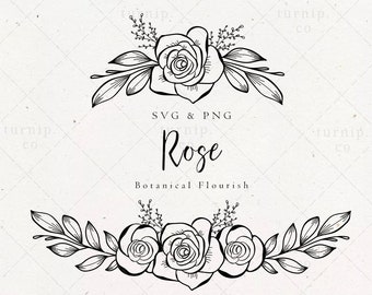 Rose Flower Svg, Floral Bouquet Frame Clipart png, Paper Cut Decoration File, Simple Leaf Border, Label Shirt Design Sublimation Download