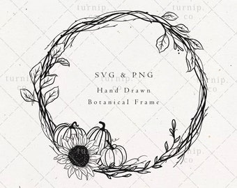 Transparent Fall Border Clipart Black & White With Sunflowers Pumpkins SVG PNG Pretty Print Fabric Frames Decorative Flowers Happy Autumn