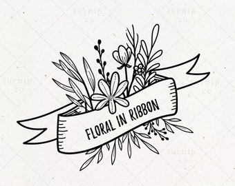 Floral Ribbon SVG & PNG Flower Banner Clipart Sublimation Graphic / Bouquet Embellishments Text Label Border Frame Template Wedding Monogram