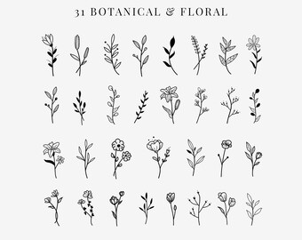 BOTANICAL & Floral Black White Clipart Bundle Set PNG Flowers Files Designs Vector PDF Wall Art Print Plant Sprigs Wedding Elegant Leaf