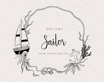 Sea Wreath Frame PNG Clipart Sublimation Graphic Design / Sailor Yacht Ocean Anchor Border Frame Hand Drawn Wood Art Printable Sign Engrave