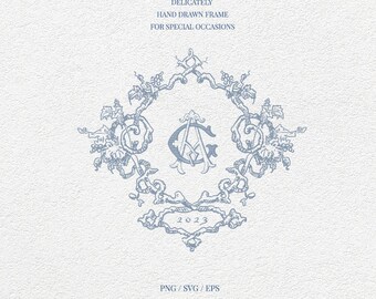 Grapevine Monogram Wedding Frame SVG + PNG + EPS Clip Art Design / Elegant Circle Grapes Boho Embroidery Floral Initial Wreath Letter Craft