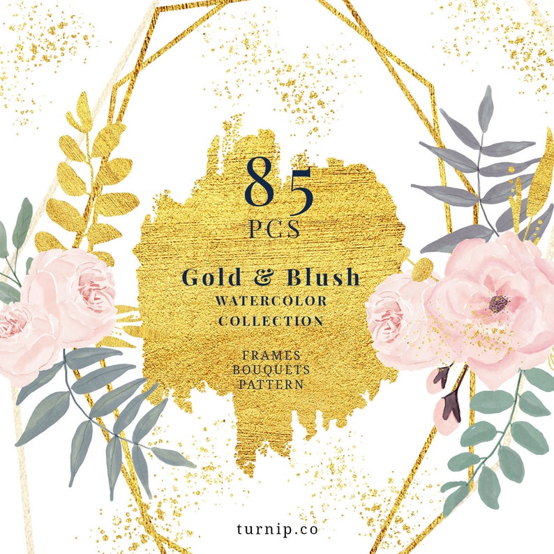 85 Blush And Gold Watercolor Floral Geometric Clipart Cartoon PNG