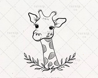 Giraffe Floral Frame SVG & PNG Clipart Sublimation Graphic Design / Botanical Leaf Safari Border Black Image Illustrate Print Wall Wood Art
