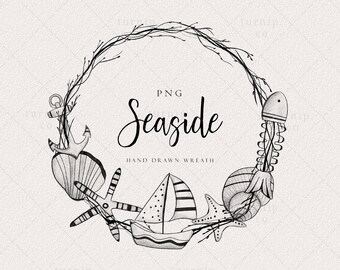 Wreath Black and White Clipart, Beach Wreath PNG, Nautical Wreath LOGO Design, Beach Wedding Signs Instant Download/Planner Sticker Clip Art