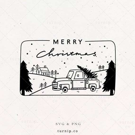Merry Christmas Truck Scene SVG & PNG Clipart Black and White - Etsy France