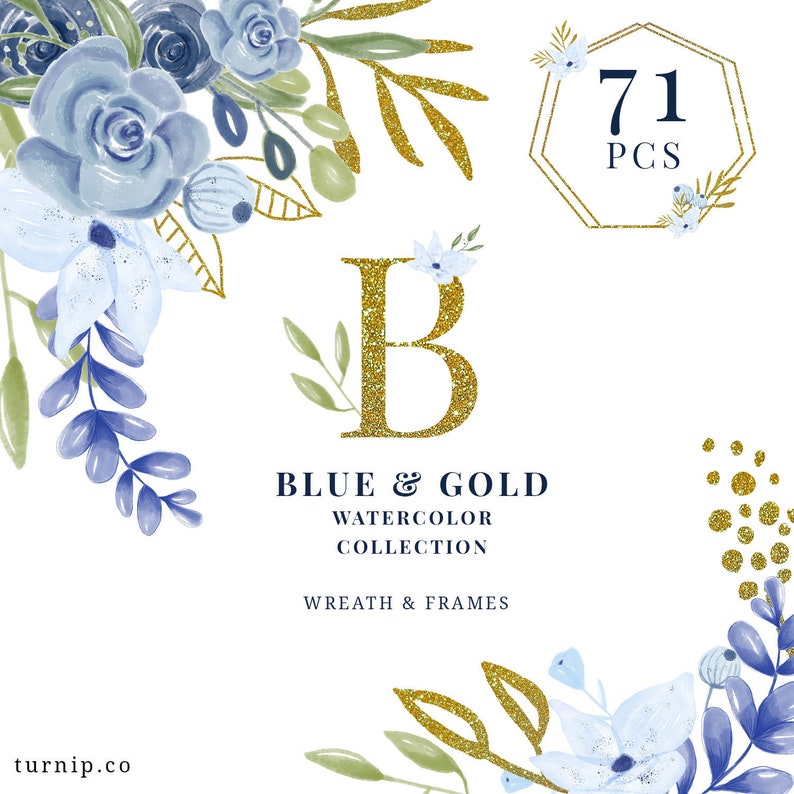 71 Blue and Gold Watercolor Collection Clipart Cartoon PNG