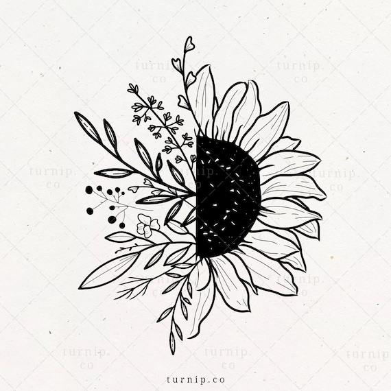 Sunflower SVG, Flower Clipart Sublimation, Half Sunflower with Floral png s...