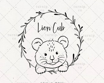 Baby Lion Cub Wreath SVG & PNG Clipart Sublimation Graphic Design / Cute Kawaii Lion King Floral Frame Border Nursery Print Wall Scroll Art