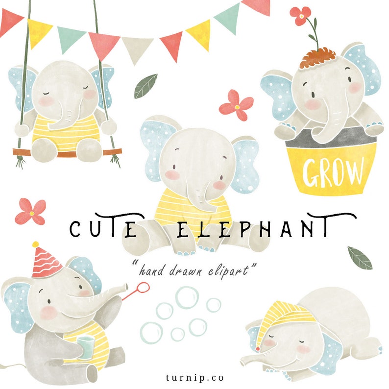 Watercolor Baby Elephant Clipart PNG Boy Girl Digital Download Cartoon PNG