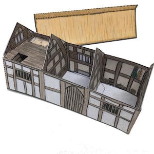 May include: A paper model of a medieval house with a thatched roof, wooden beams, and a whitewashed exterior. The house has a small window and a door. The model is open to reveal the interior, which includes a bedroom, a kitchen, and a living room.