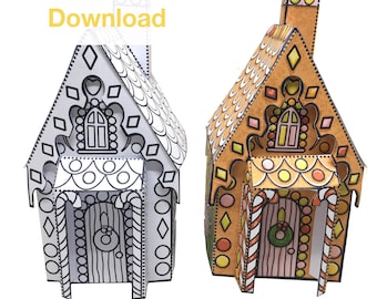 May include: A printable gingerbread house template with a black and white outline and a colored example. The template includes a roof, walls, windows, and a door. The word "Download" is printed in yellow at the top of the image.