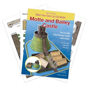 May include: A paper model kit of a motte and bailey castle. The kit includes a keep, a bailey, and a moat. The castle is made of cardboard and is printed in colour. The kit is titled "Motte and Bailey Castle" and is part of the "Bears Get Crafty" series. The text on the front of the box reads "Fun to make Early Norman Castle card model. Cut out, fold, assemble and glue."