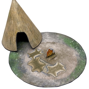 May include: A miniature diorama of a campsite. A brown teepee-shaped structure sits on a circular base with a campfire and three animal hide cutouts. The base is a mix of gray and green.
